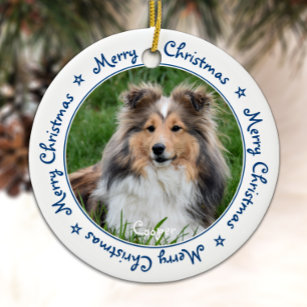 Merry Christmas Unique Trendy Blue Pet Dog Photo Ceramic Tree Decoration