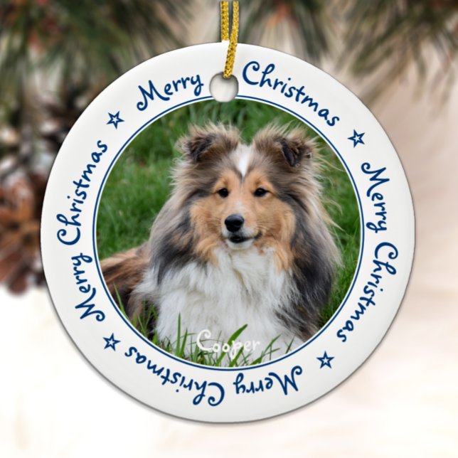 Merry Christmas Unique Trendy Blue Pet Dog Photo Ceramic Tree Decoration (Creator Uploaded)