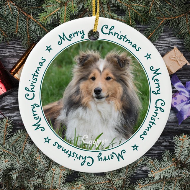 Merry Christmas Unique Trendy Green Pet Dog Photo Ceramic Tree Decoration (Creator Uploaded)