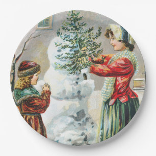 Merry Christmas Victorian Family and Snowman  Paper Plate