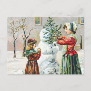 Merry Christmas Victorian Family and Snowman Postcard