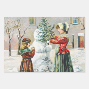Merry Christmas Victorian Family and Snowman  Wrapping Paper Sheet
