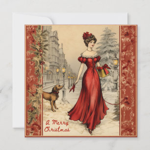 Merry Christmas Victorian Lady Illustration  Holiday Card