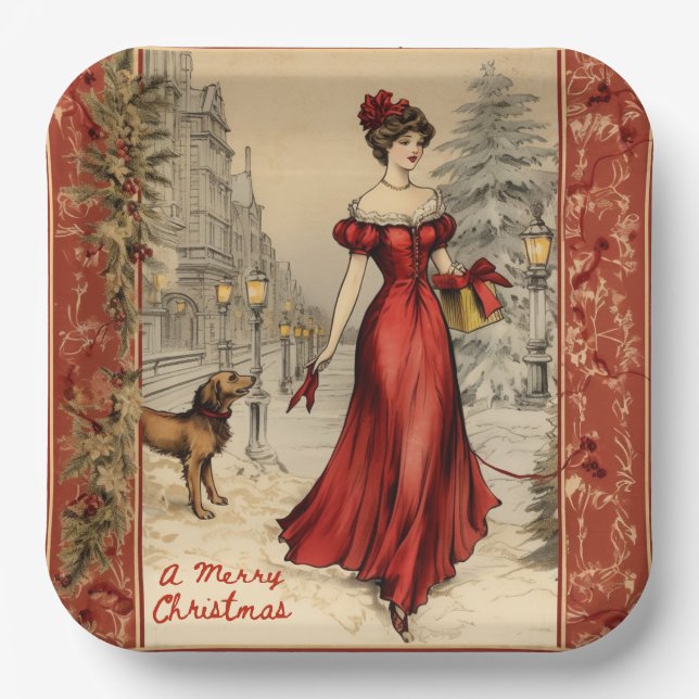 Merry Christmas Victorian Lady Illustration  Paper Plate (Front)