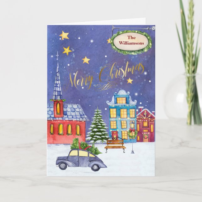 Merry Christmas Village Name Snow  Card (Front)