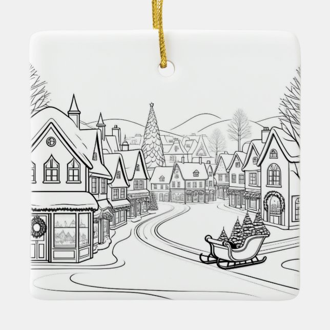 Merry Christmas Village Snow Scene Personalised Ceramic Ornament (Front)