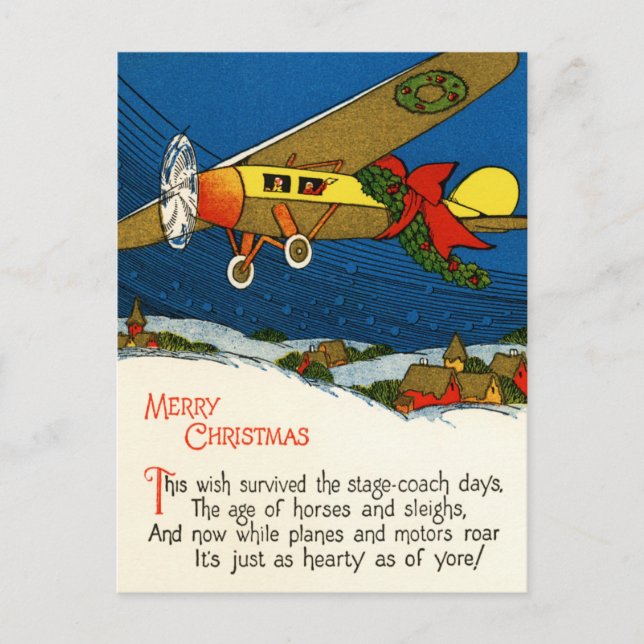 Merry Christmas Vintage Aeroplane Holiday Postcard (Front)