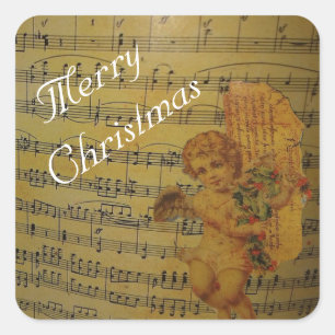 Merry Christmas Vintage Angle and Sheet Music Square Sticker