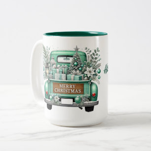 Merry Christmas Vintage Aqua Truck  Two-Tone Coffee Mug