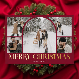 Merry Christmas Vintage Arch Photo Collage Red Foil Holiday Card