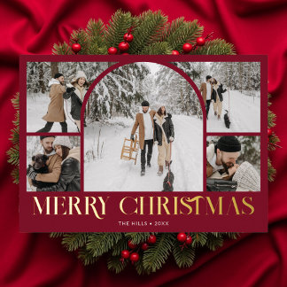 Merry Christmas Vintage Arch Photo Collage Red Foil Holiday Card