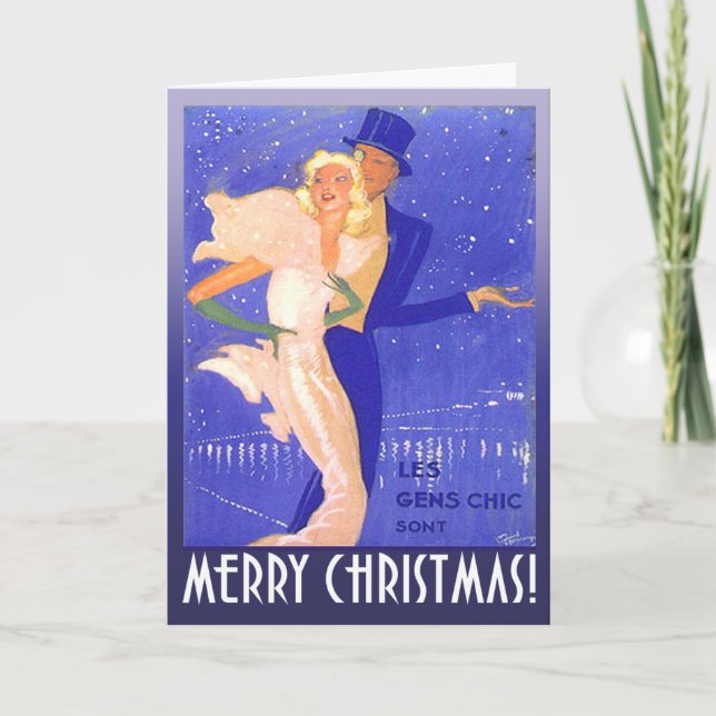 Merry Christmas Vintage Art Deco Couple Holiday Card (Front)