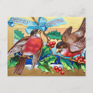 Merry Christmas Vintage Birds and Holly Berry Holiday Postcard