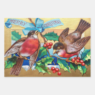 Merry Christmas Vintage Birds and Holly Berry Wrapping Paper Sheet