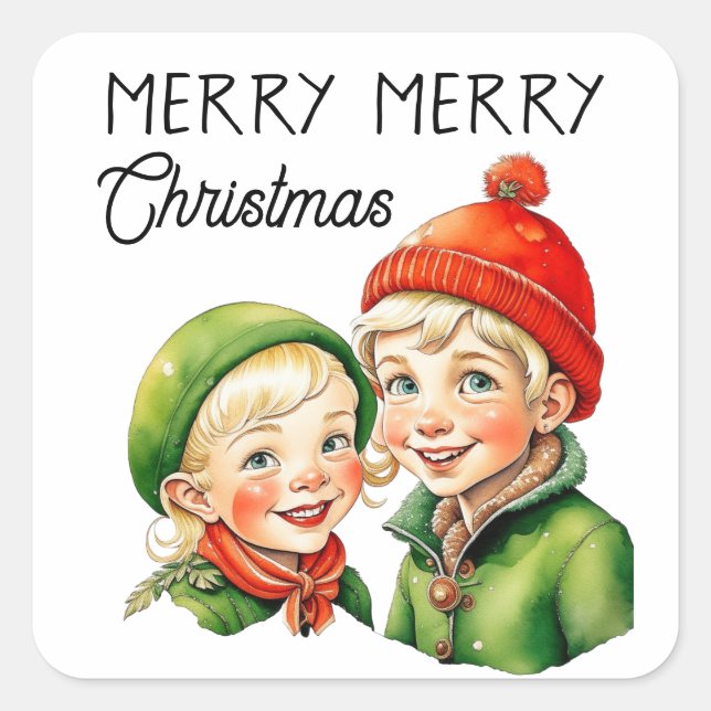 Merry Christmas | Vintage Blonde Kids Square Sticker (Front)