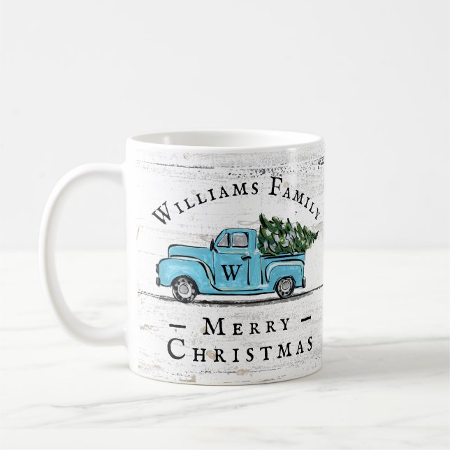 Merry Christmas Vintage Blue Truck Farmhouse Mug (Left)