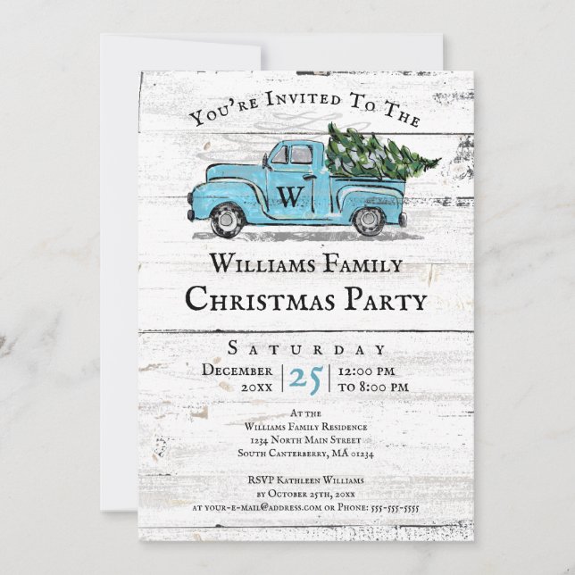 Merry Christmas Vintage Blue Truck Invitation (Front)