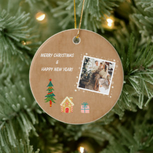 Merry Christmas Vintage Brown Family Photo Ceramic Tree Decoration