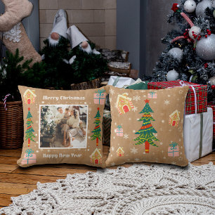 Merry Christmas Vintage Brown Family Photo  Cushion