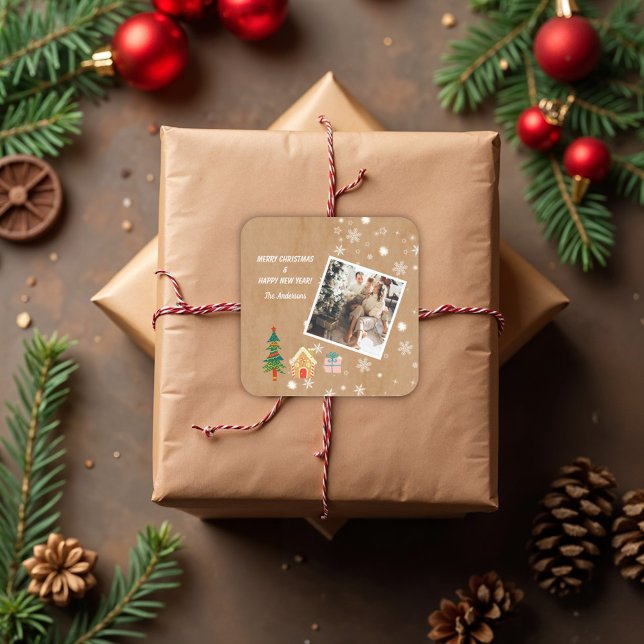 Merry Christmas Vintage Brown Family Photo  Square Sticker (Creator Uploaded)