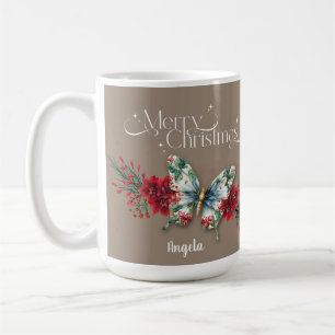 Merry Christmas Vintage Butterfly Poinsettia Coffee Mug