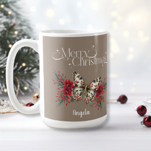 Merry Christmas Vintage Butterfly Poinsettia Coffee Mug