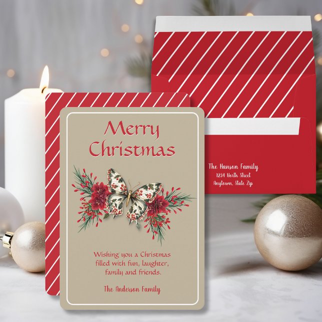 Merry Christmas Vintage Butterfly Poinsettia Holiday Card (Creator Uploaded)