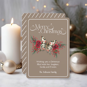 Merry Christmas Vintage Butterfly Poinsettia Holiday Card