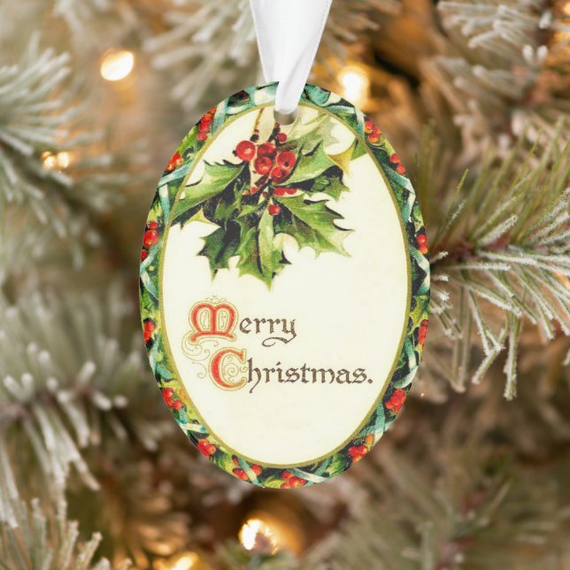 Merry Christmas Vintage Calligraphy Holly Acrylic Ornament (Tree)
