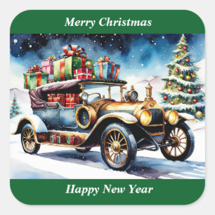 Merry Christmas Vintage Car Ornament Square Sticker