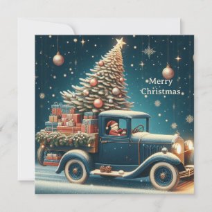 Merry Christmas vintage car with Christmas tree  Holiday Card