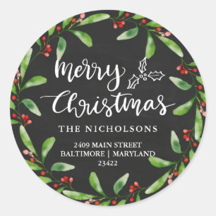 Merry Christmas Vintage Chalkboard Return Address Classic Round Sticker