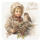 Merry Christmas Vintage Child with Bird 
