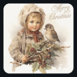 Merry Christmas Vintage Child with Bird  Square Sticker<br><div class="desc">Vintage illustration</div>