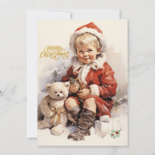 Merry Christmas Vintage Child with Teddy Bear  Holiday Card