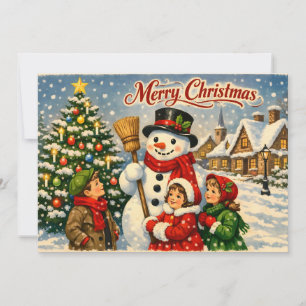 Merry Christmas Vintage Children and Snowman Holiday Card
