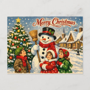 Merry Christmas Vintage Children and Snowman  Holiday Postcard
