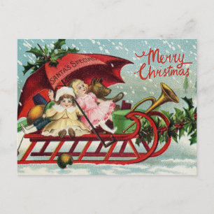 Merry Christmas Vintage Children on Santa's Sleigh Holiday Postcard