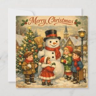 Merry Christmas Vintage Children with Snowman Holiday Card