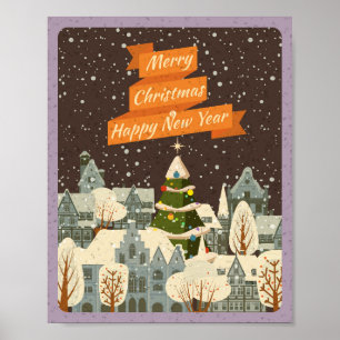 Merry Christmas Vintage City Skyline At Winter Poster