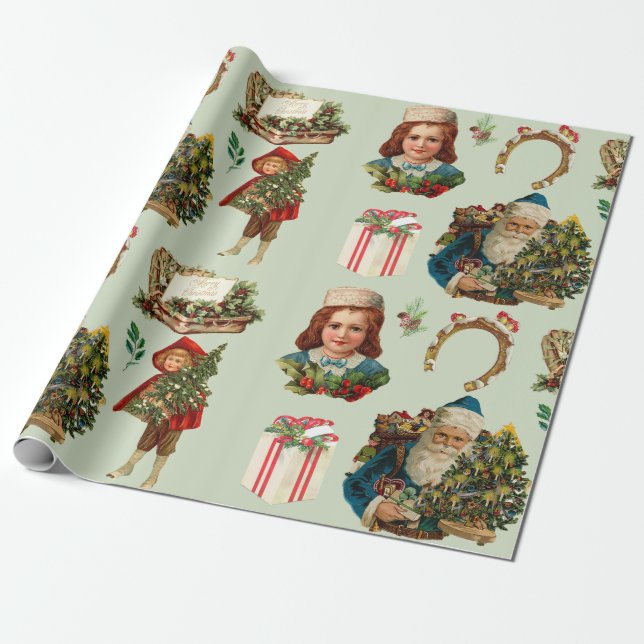 Merry Christmas Vintage Collage with Santa Wrapping Paper (Unrolled)