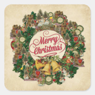 Merry Christmas Vintage Colourful Ornament Wreath Square Sticker