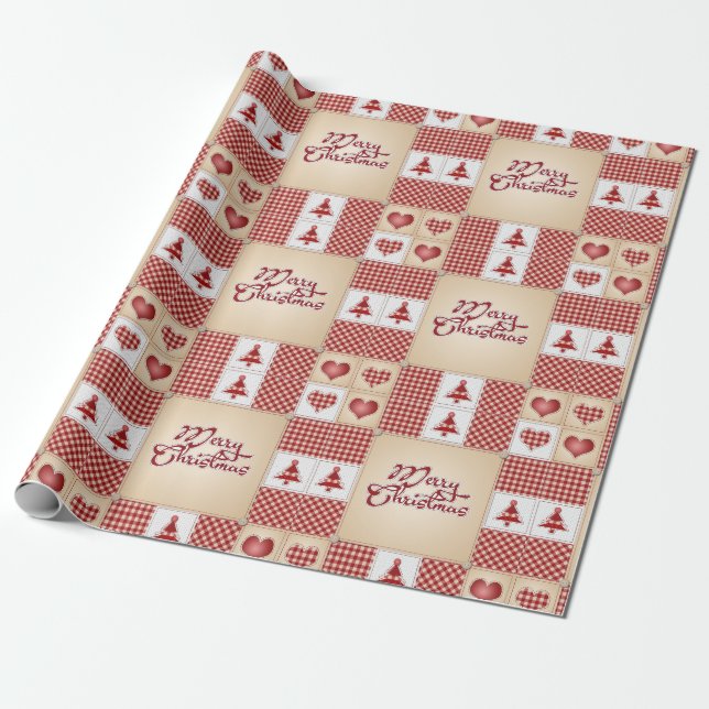 Merry Christmas Vintage Country Quilt Pattern Wrapping Paper (Unrolled)