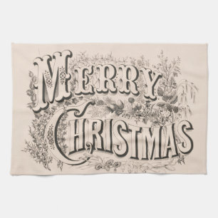 Merry Christmas, Vintage Currier & Ives Print Tea Towel