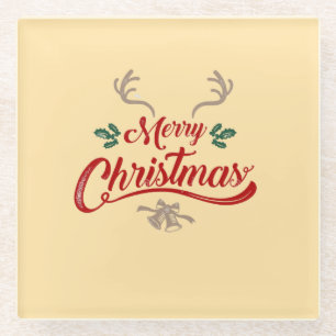 Merry Christmas Vintage Design Red & Green Glass Coaster