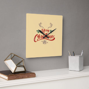Merry Christmas Vintage Design Red & Green Square Wall Clock