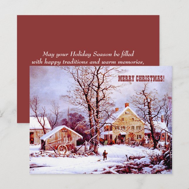 Merry Christmas. Vintage Farm Winter Scene Card (Front/Back)