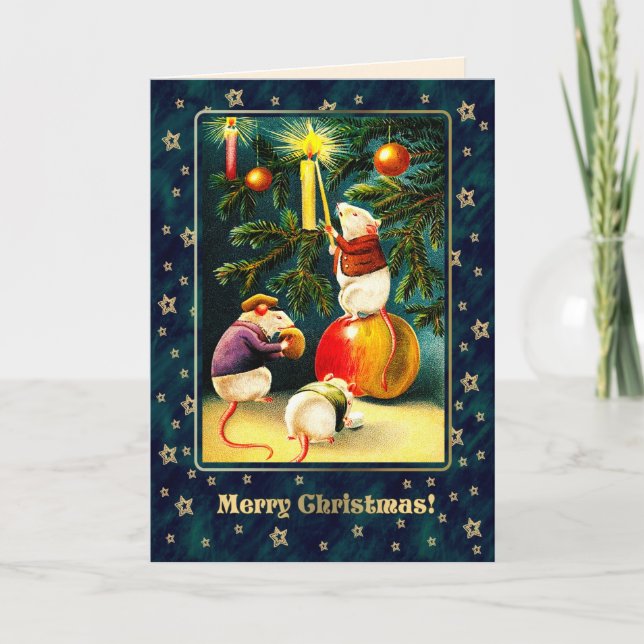 Merry Christmas. Vintage Funny Mice  Holiday Card (Front)