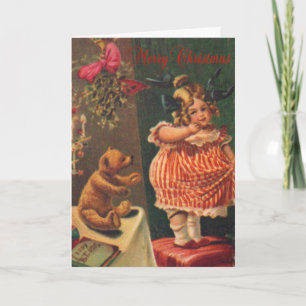 Merry Christmas Vintage Girl and Bear Holiday Card
