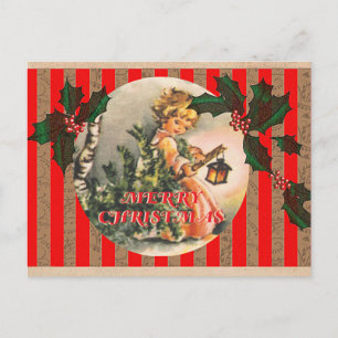 Merry Christmas Vintage Girl Tree and Lantern Holiday Postcard
